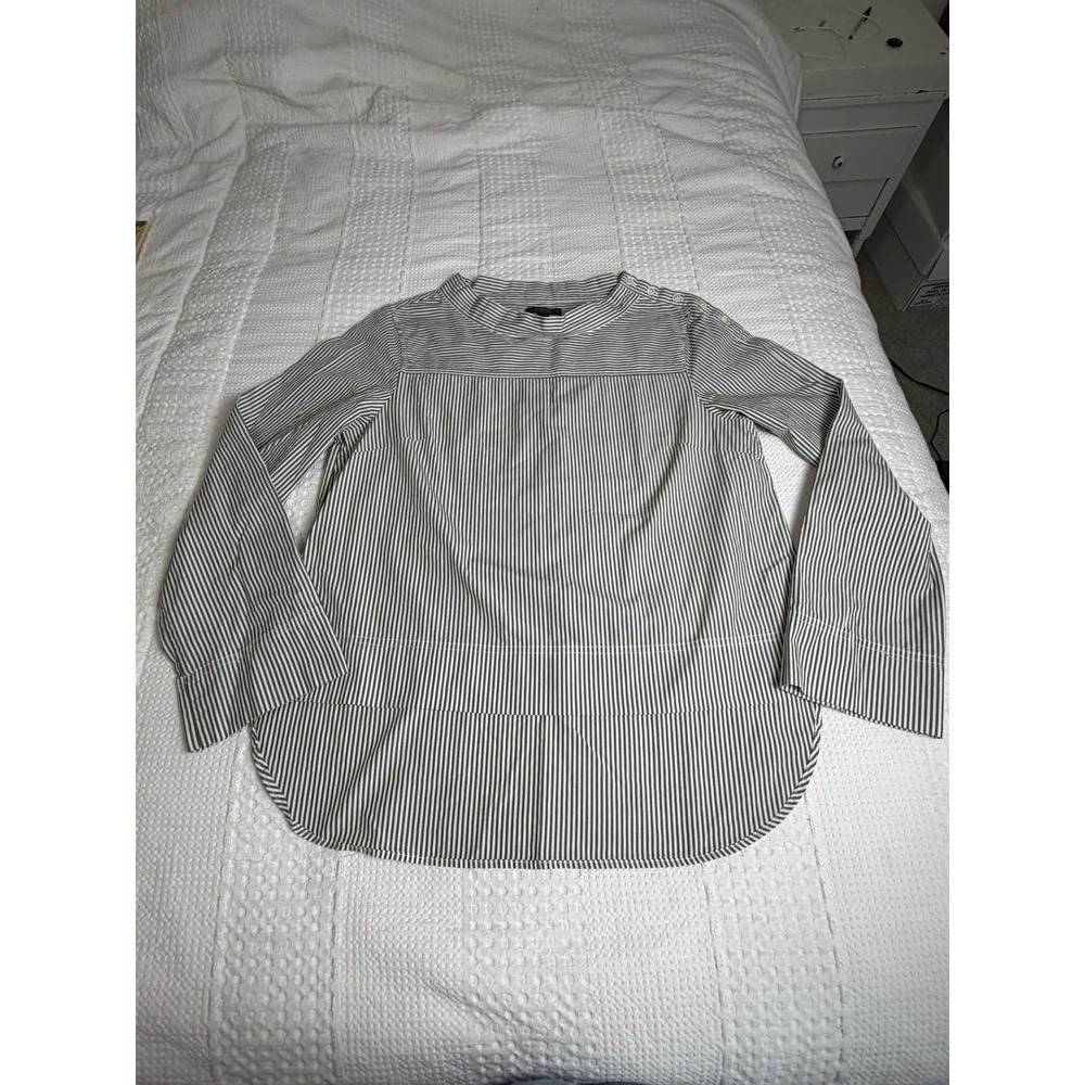 J.Crew Olive Green White Striped Mock Neck Blouse Size 10 Chic Office